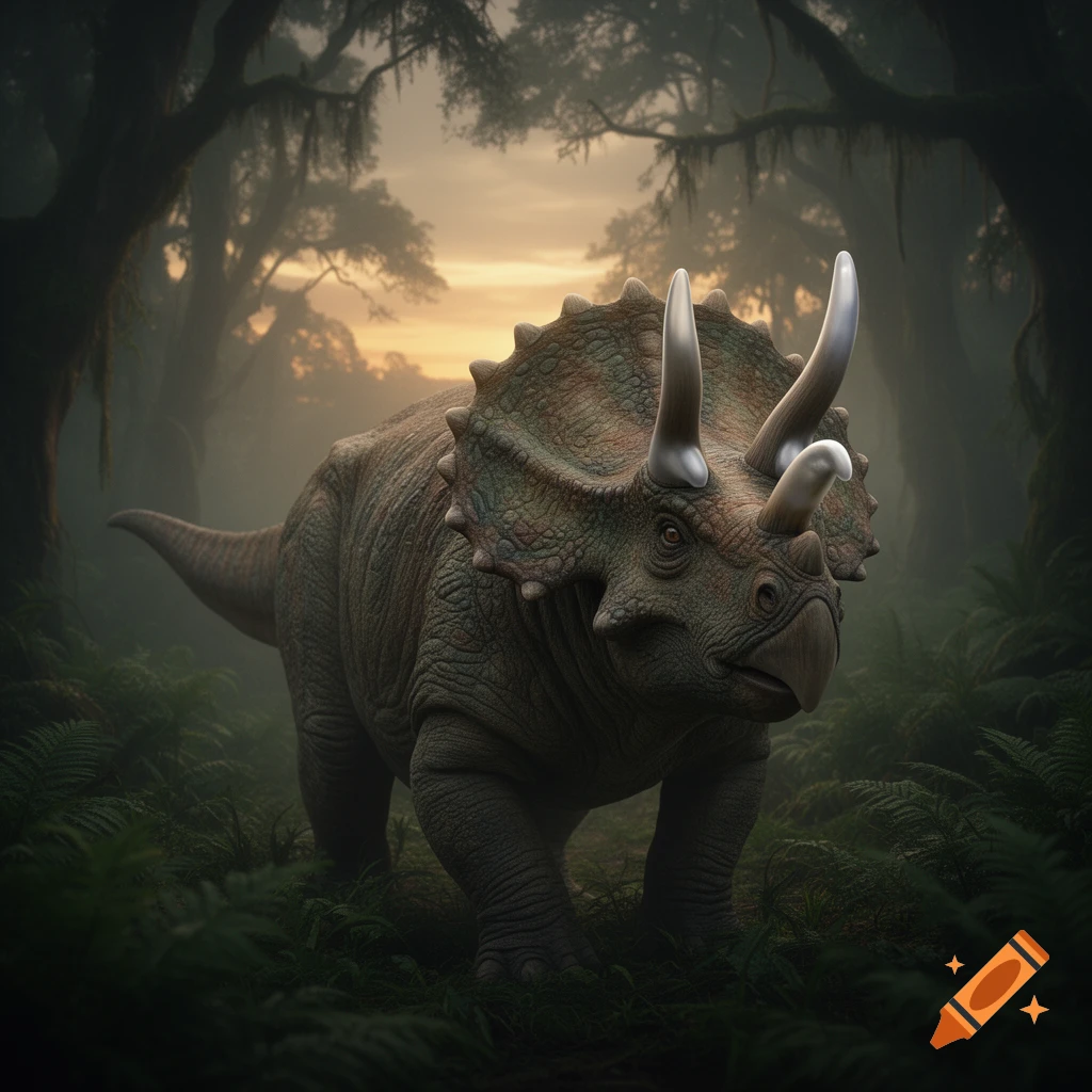 A detailed triceratops with shiny horns stands in a misty, dark jungle at sunrise.