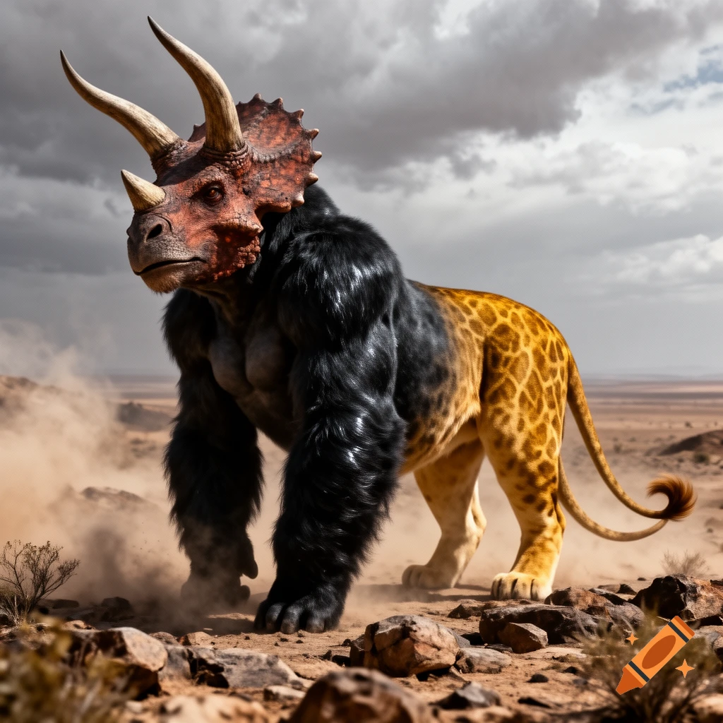 A photorealistic chimera with a triceratops head, gorilla front, and lion hindquarters stands in a dusty desert.