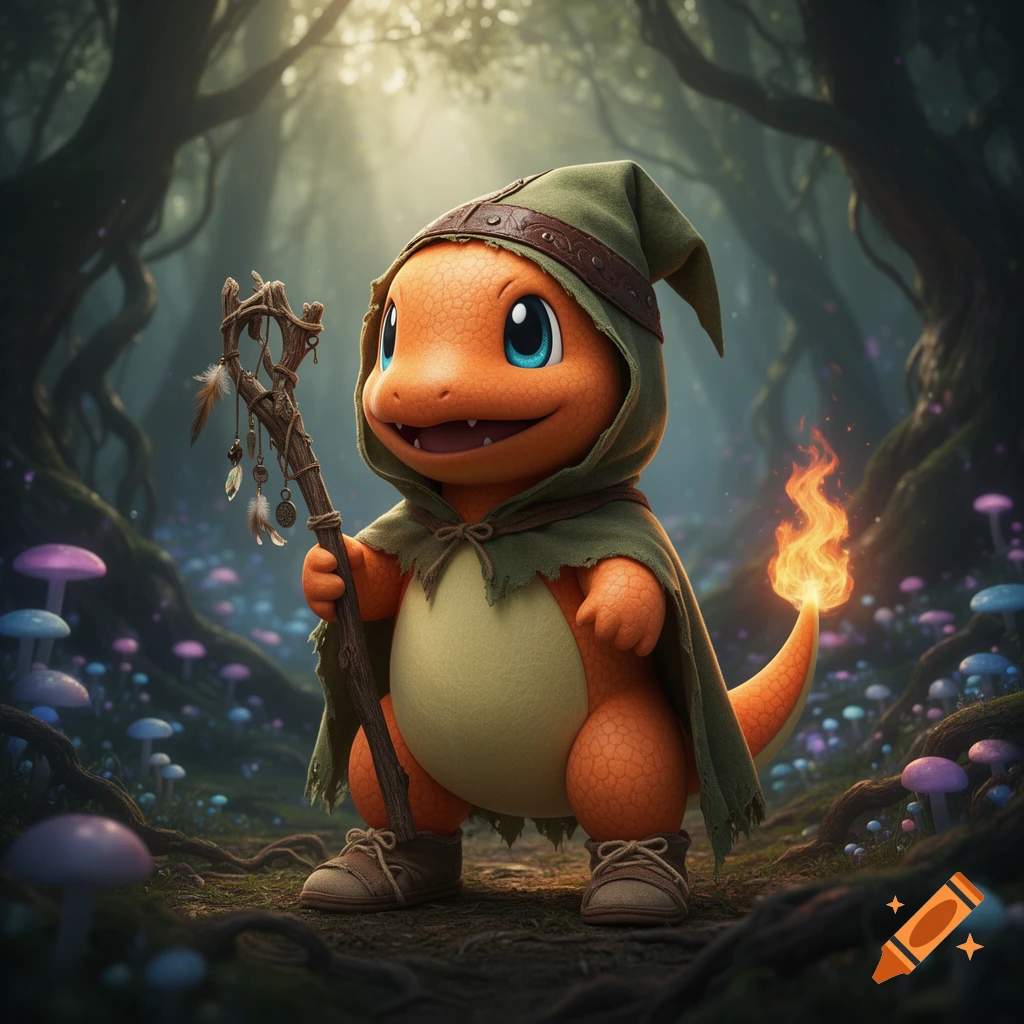 A cute Charmander dressed in a green goblin's hood and cape, holding a staff, stands in an enchanted forest with glowing mushrooms.