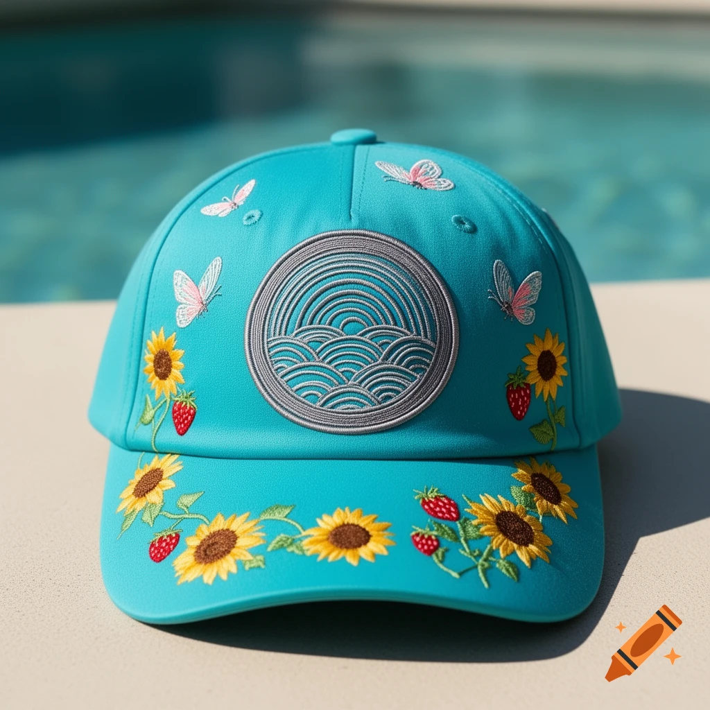 A teal baseball cap embroidered with a grey wave emblem, pink butterflies, yellow sunflowers, and red strawberries, on a light surface near a pool.