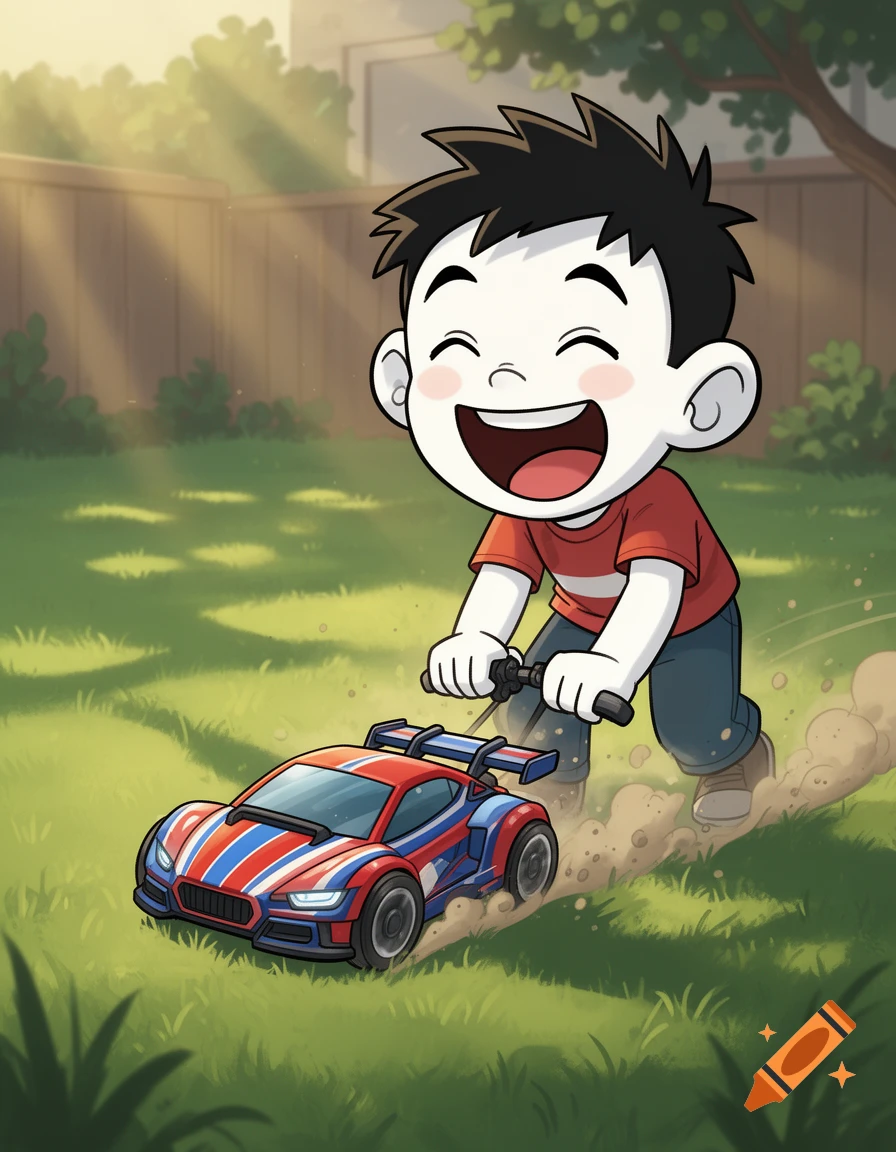 A happy cartoon boy with black hair pushes a red, white, and blue remote-controlled car through a grassy backyard, kicking up dirt.
