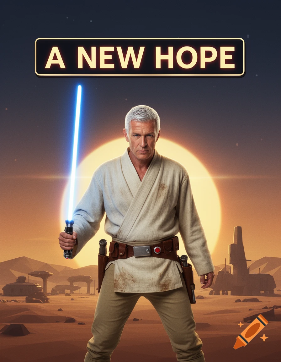 A man resembling a Jedi master in robes holds a blue lightsaber in a desert landscape under a large sun, with "A NEW HOPE" text above.