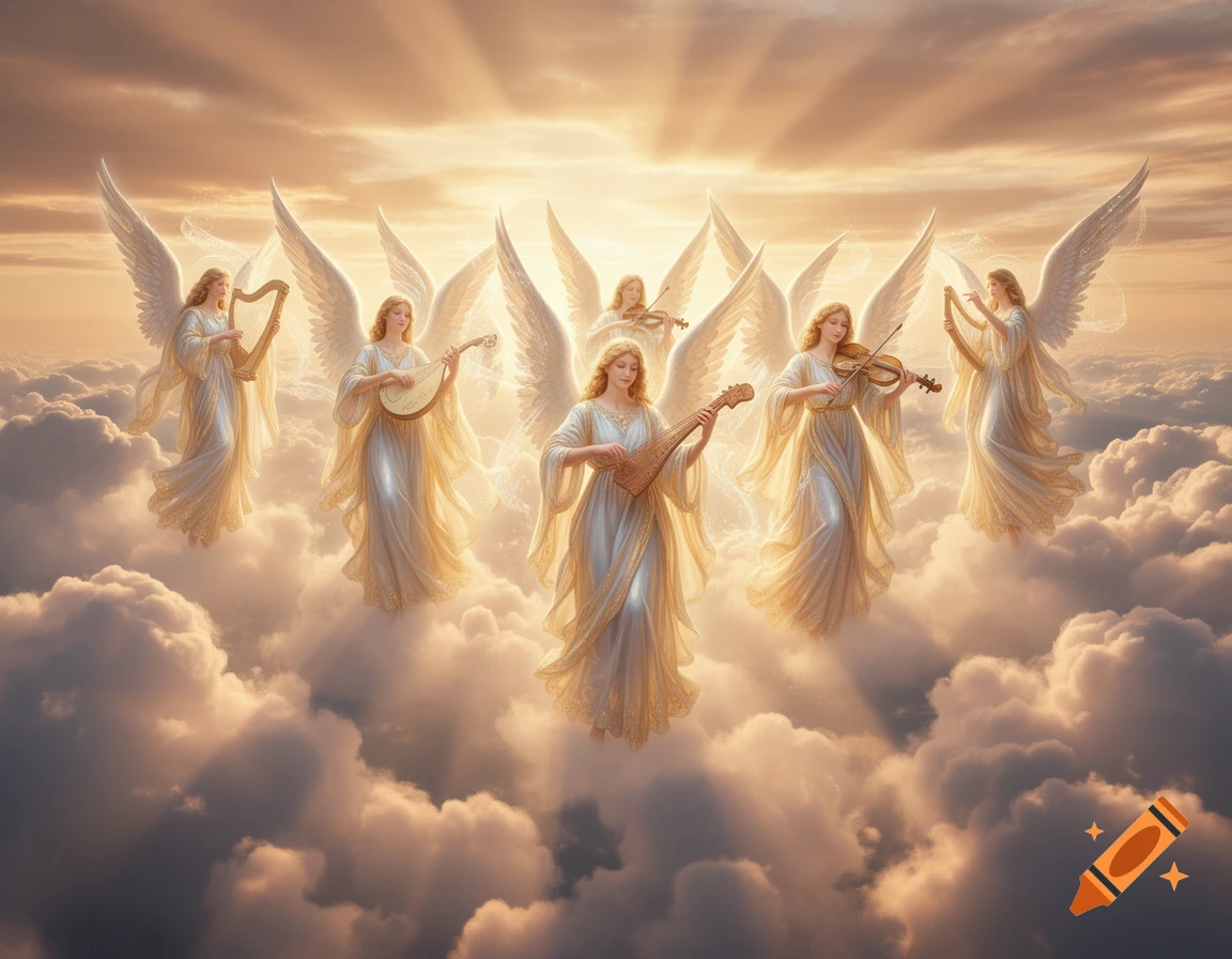 Seven angels in white and gold gowns play various instruments, floating on ethereal clouds against a warm, bright sky.