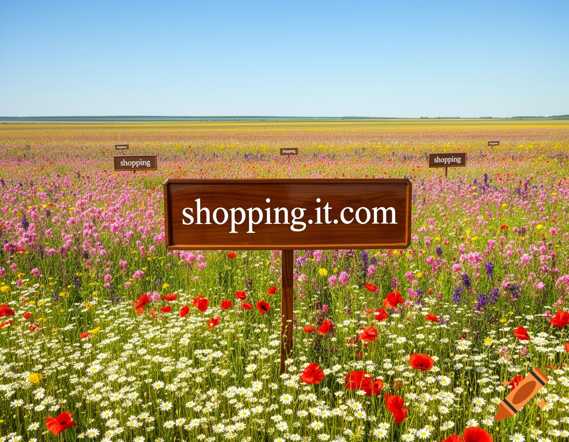 A vast field of colorful wildflowers under a clear blue sky, with a large wooden sign in the foreground reading "shopping.it.com" and smaller signs in the distance with "shopping".