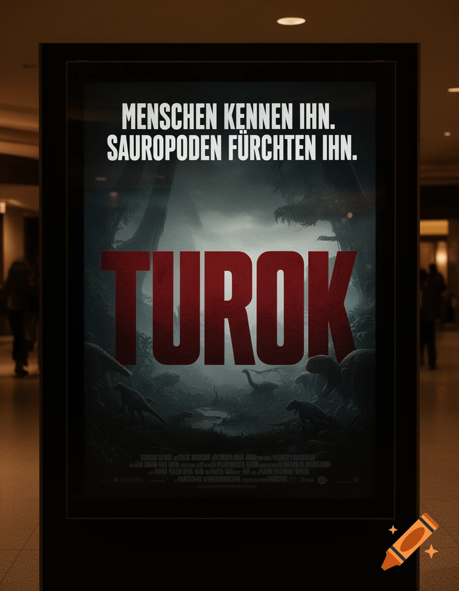 A movie poster for 'TUROK' displayed in a dimly lit hallway, featuring a dark jungle scene with dinosaur silhouettes.