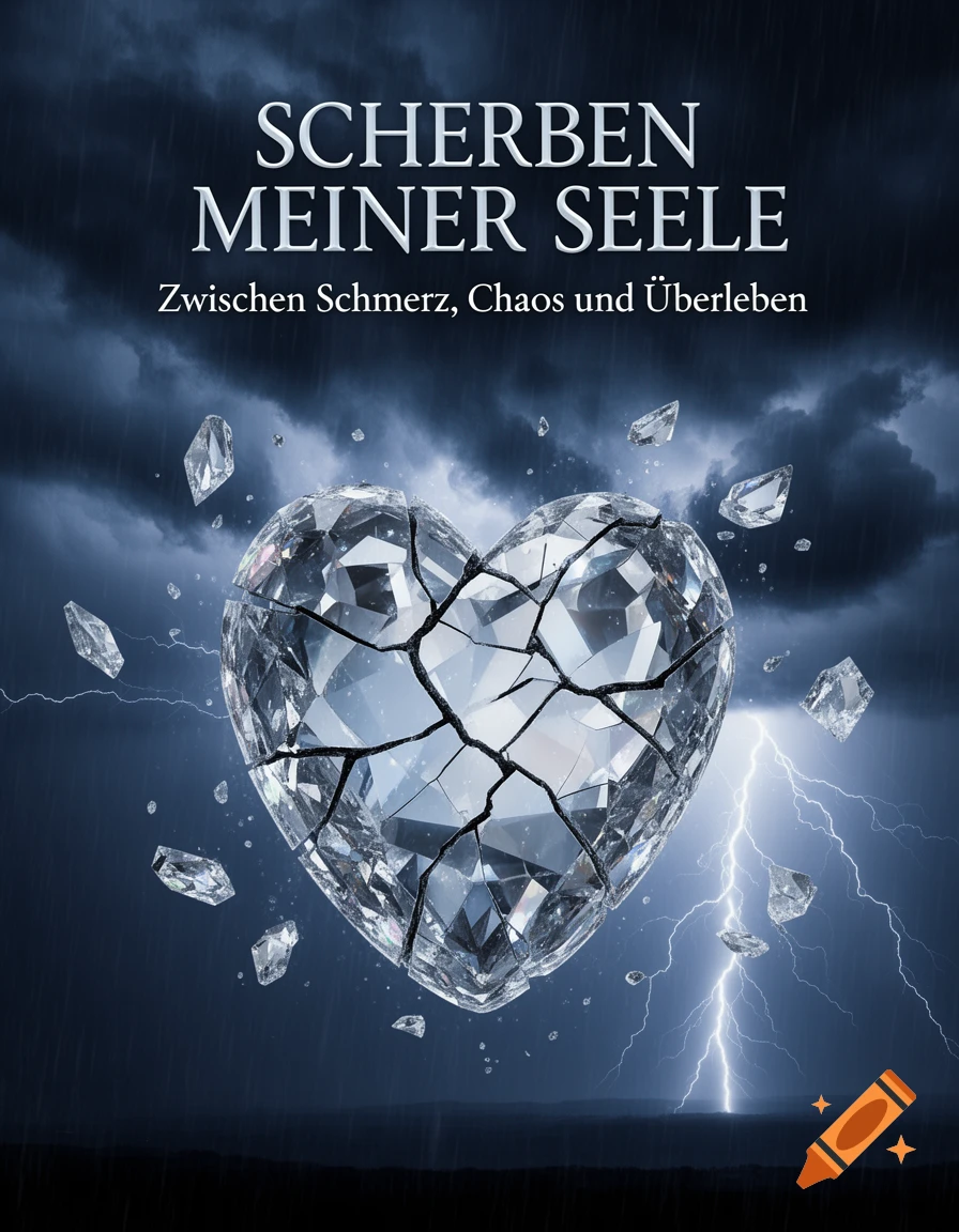 A photorealistic book cover with a broken crystal heart floating in a stormy sky with lightning. Title reads "Scherben Meiner Seele".