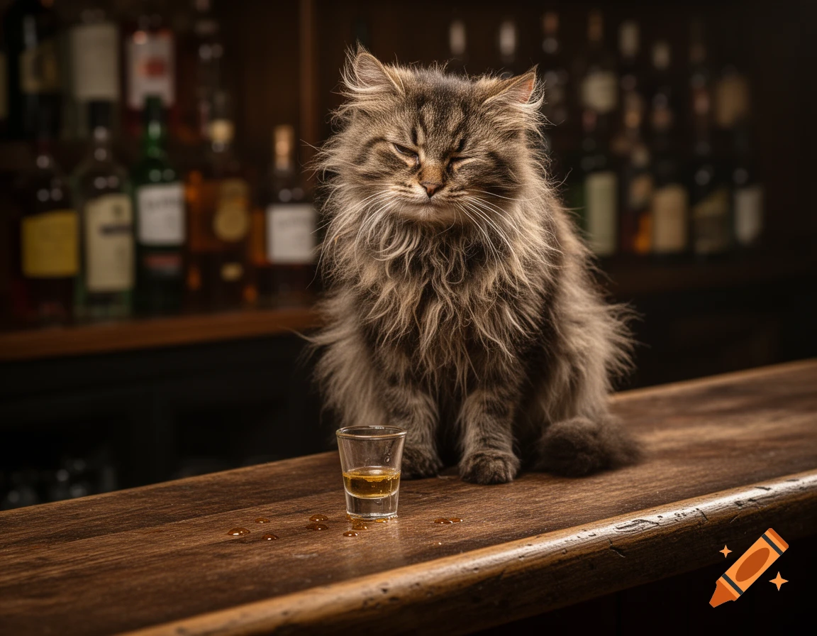 Fluffy tabby cat with closed eyes sits at a bar counter next to a shot glass, with blurred liquor bottles in the background.