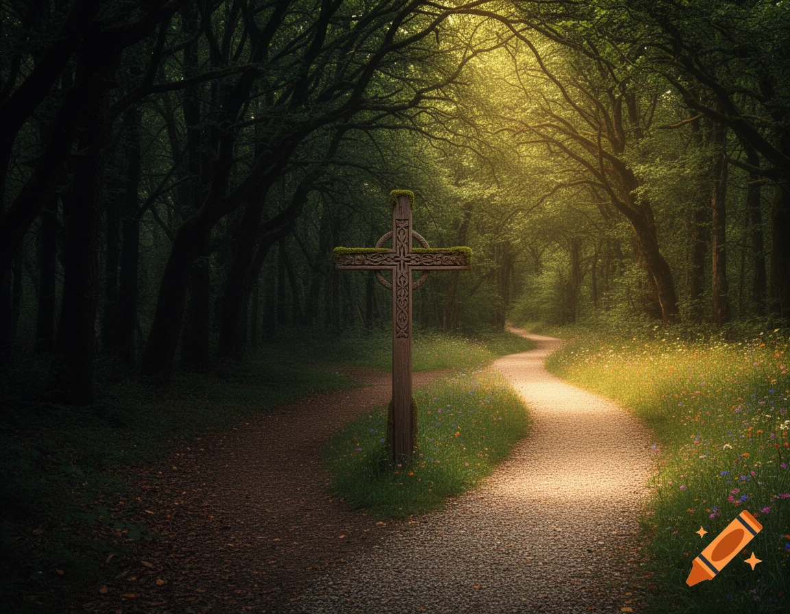 Two paths diverging in a sun-dappled forest, one light and one dark, with an ornate wooden Celtic cross standing between them.