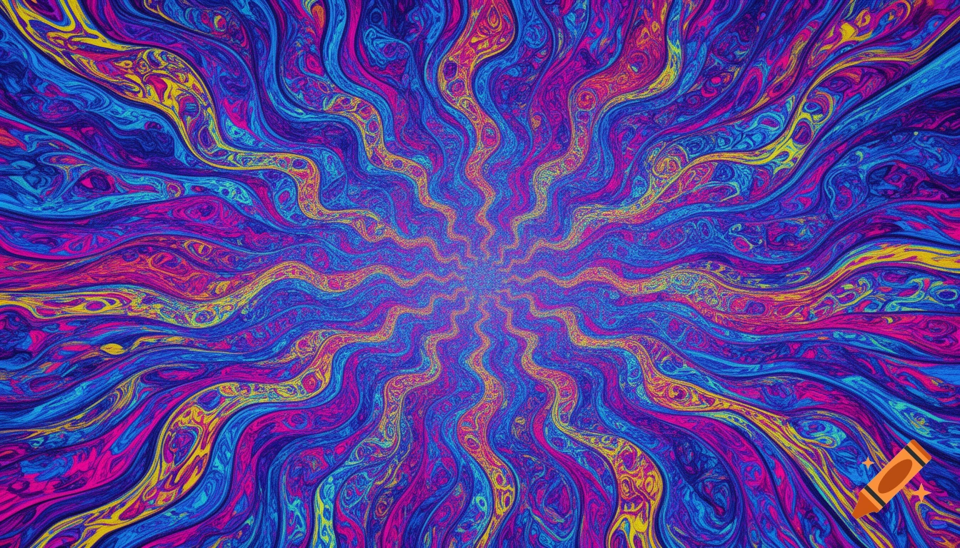 A vibrant psychedelic abstract pattern with swirling, wavy lines in electric blue, magenta, and yellow, radiating from the center.