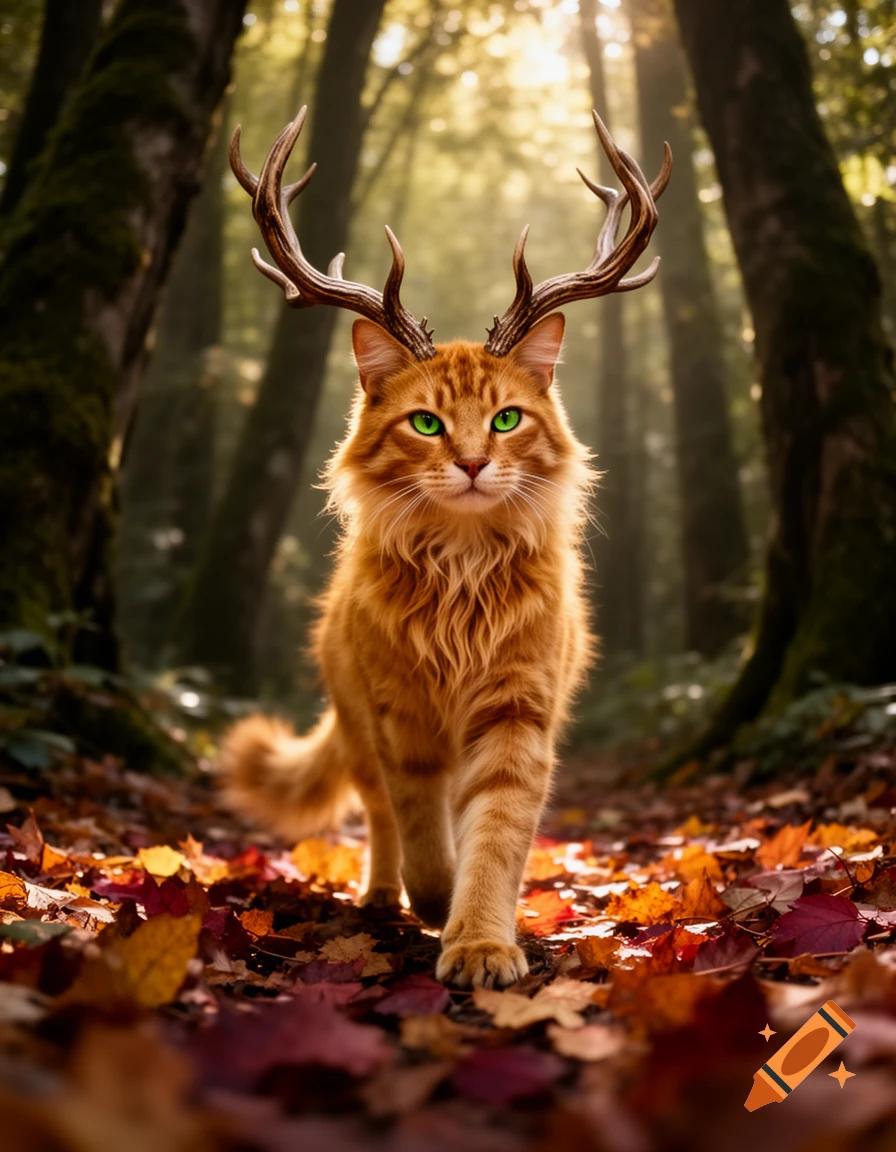 A majestic orange cat with antlers walks on a sunlit autumn forest path covered in colorful leaves, looking directly ahead.
