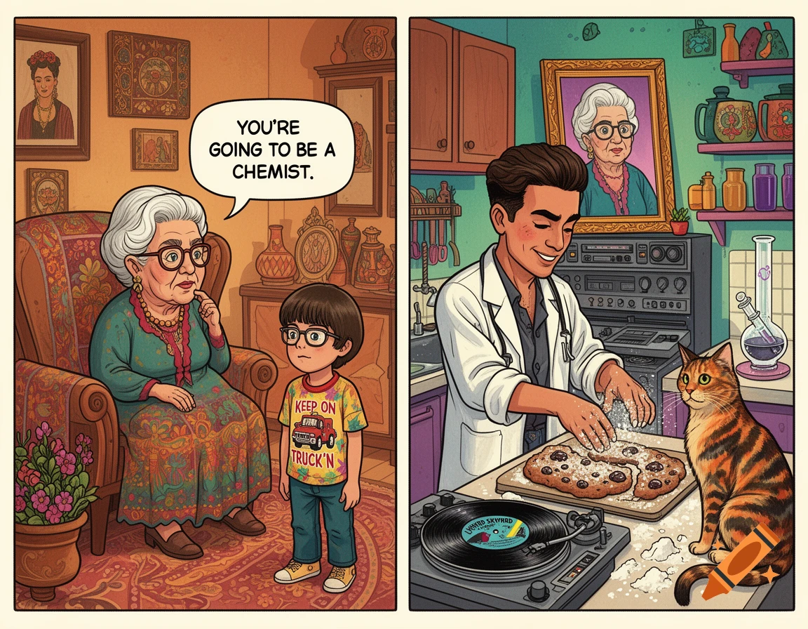 A cartoon diptych shows a grandmother telling her young grandson 'YOU'RE GOING TO BE A CHEMIST.' The second panel shows the adult grandson baking a space cake with a bong and cat present.