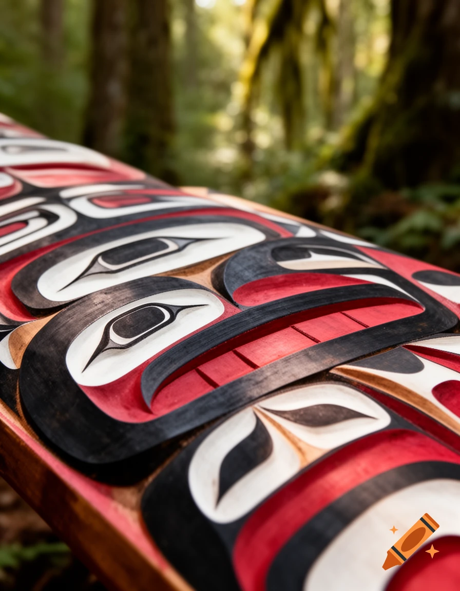 Close-up of a vibrantly painted red, black, and white traditional Salish wood carving with stylized shapes, against a blurred forest background.