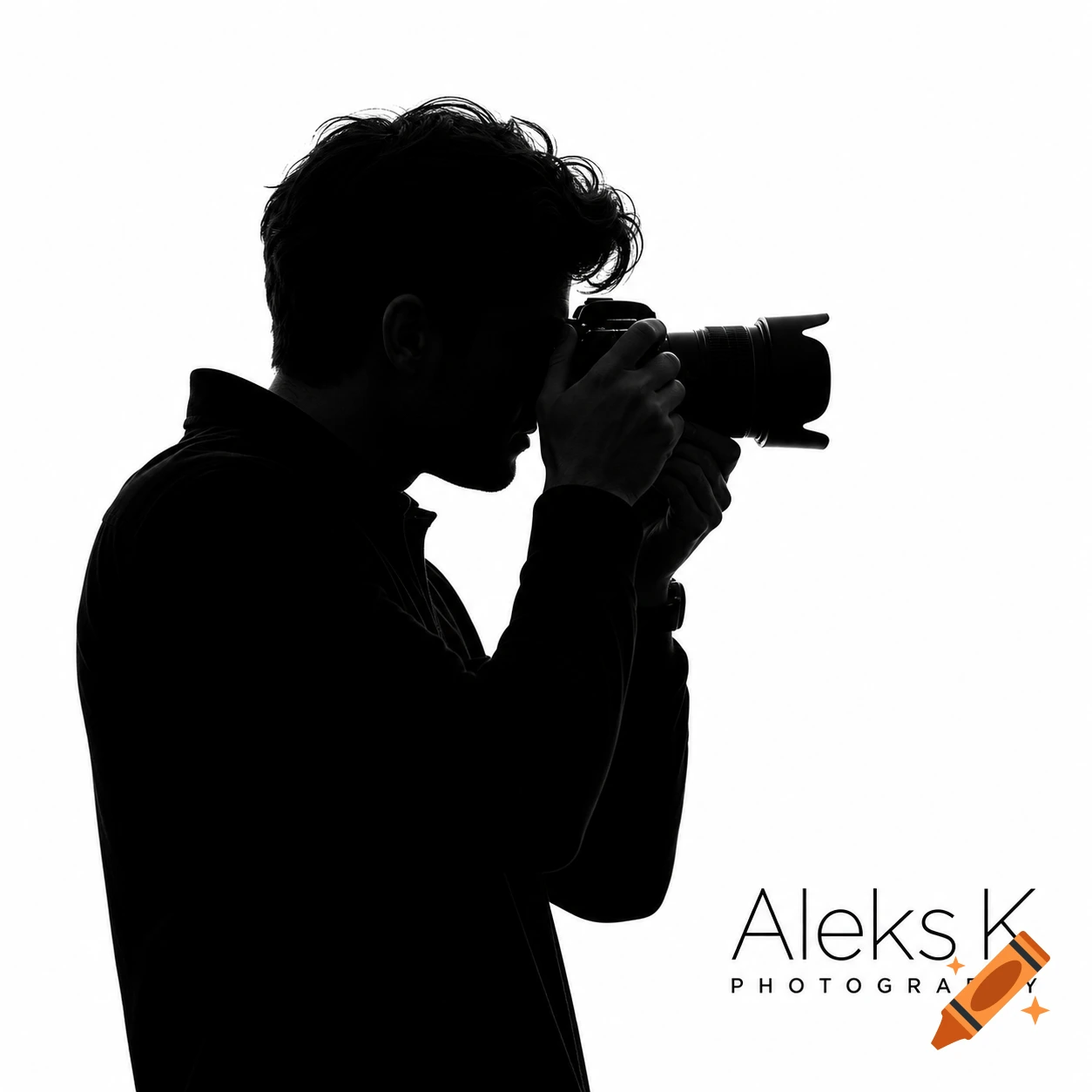 Black and white silhouette of a photographer holding a camera, with "Aleks K Photography" text.