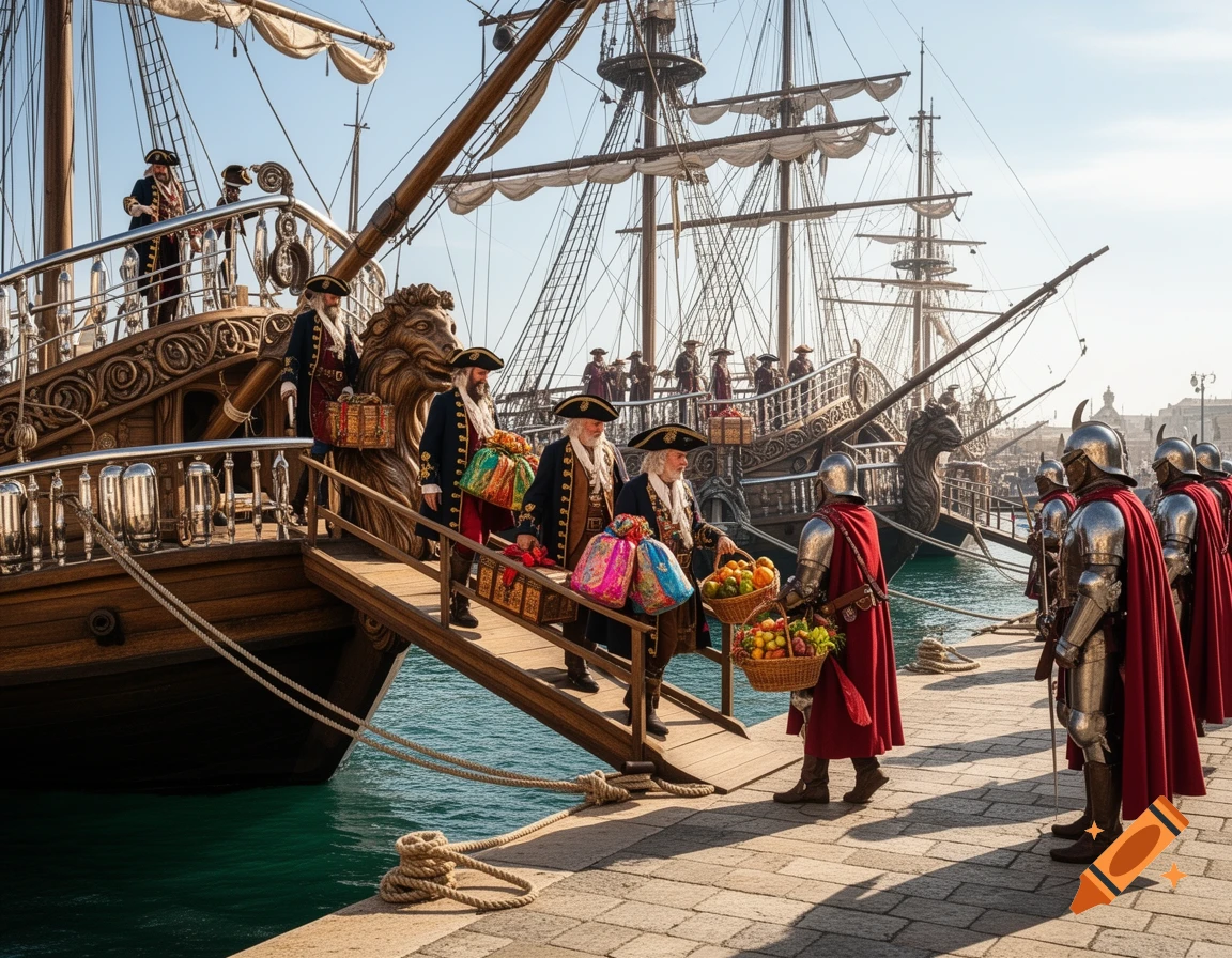 Photorealistic image of costumed figures disembarking from a grand sailing ship, bearing gifts for armored soldiers at a bustling harbor.