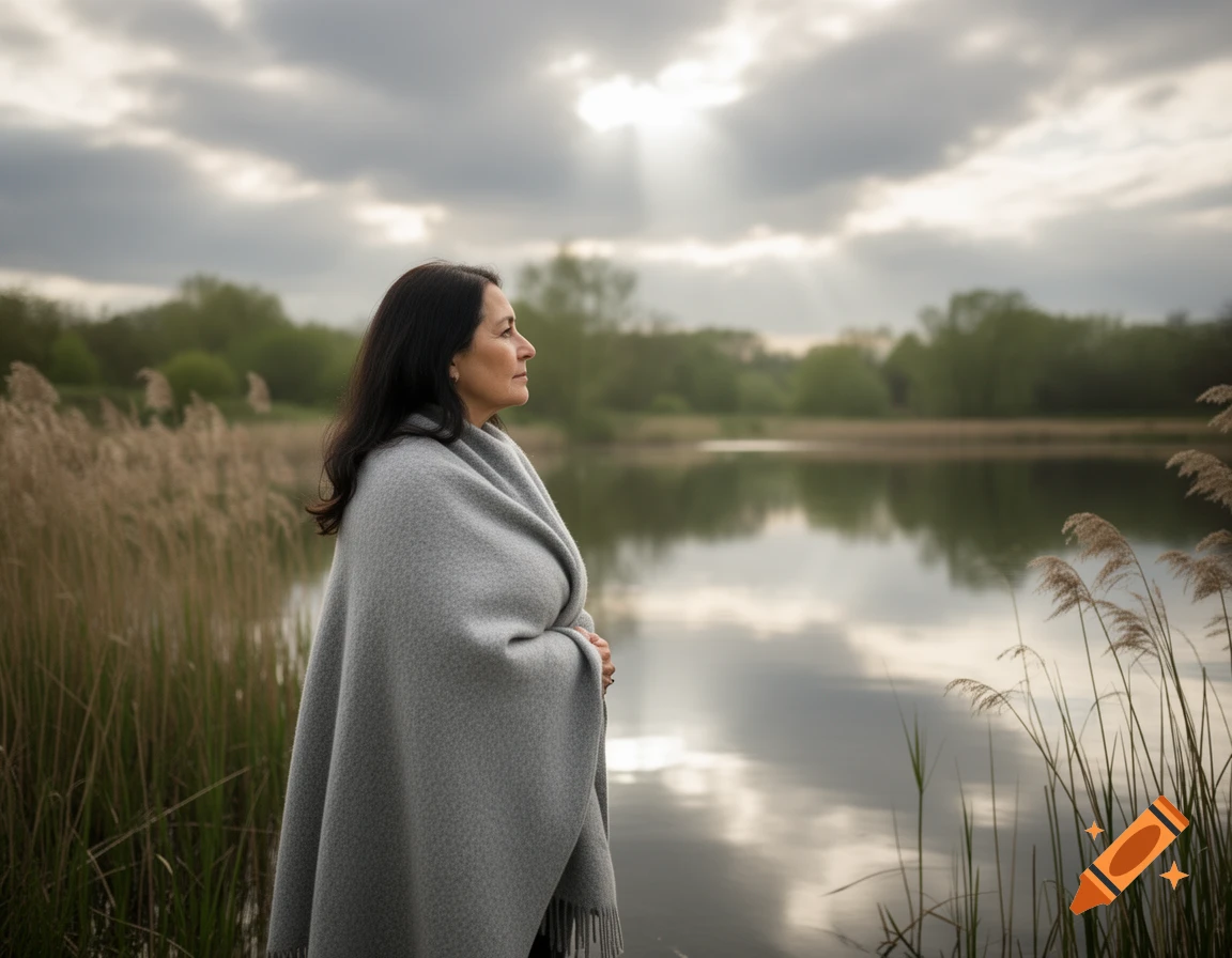 A woman in a grey blanket stands by a reedy lake, looking into the distance under a cloudy sky with sun rays.