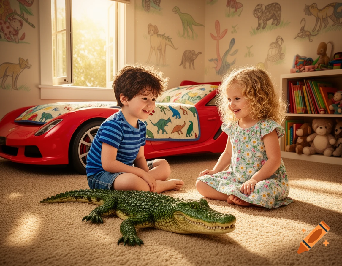 Two young children, a boy and a girl, smiling while sitting on a carpet next to a toy crocodile in a sunny bedroom.