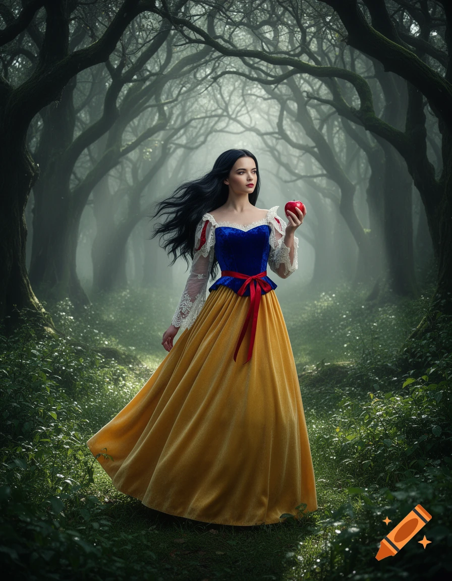 Snow White in her iconic dress stands in a mystical, foggy forest, holding a red apple.