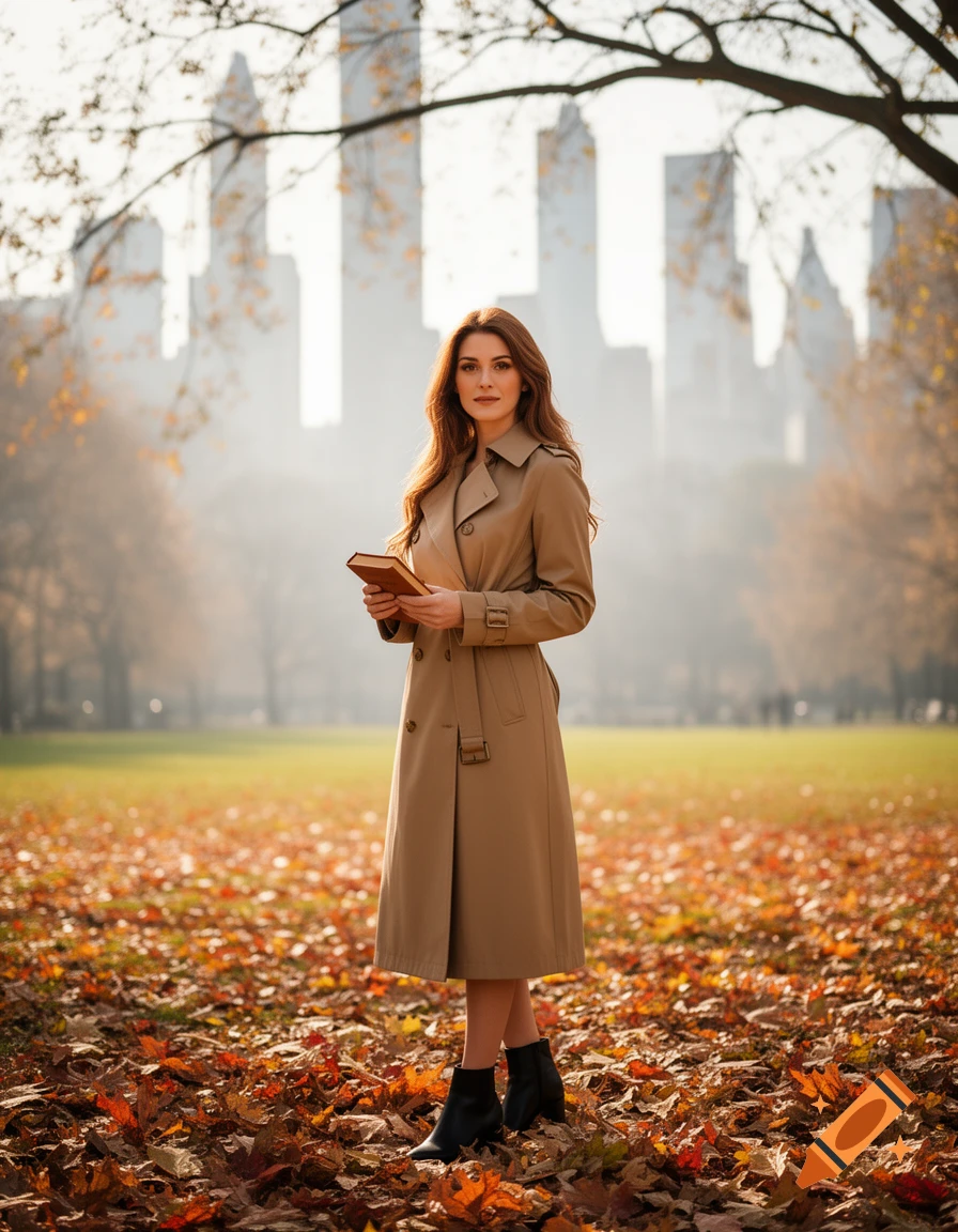 A woman in a trench coat holding a book stands in an autumn park with fallen leaves and city skyscrapers in the background.