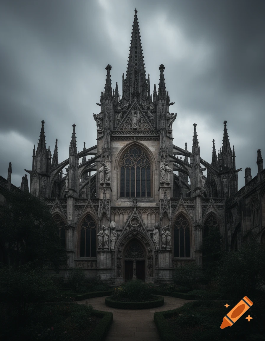 A grand, dark gothic cathedral with tall spires and intricate carvings, set against a dramatic, cloudy sky.