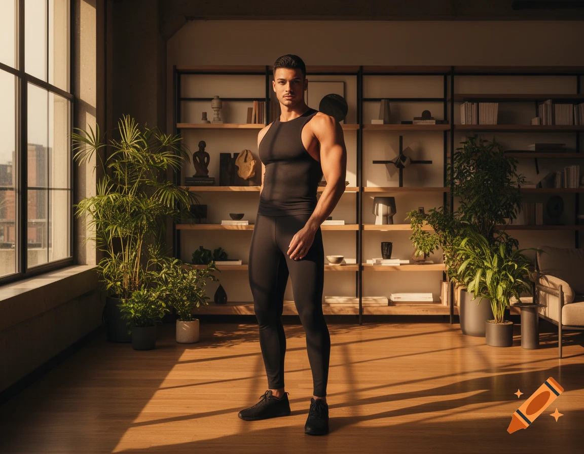A muscular man in a black tank top and leggings stands confidently in a modern room with large windows, plants, and bookshelves, lit by sunlight.