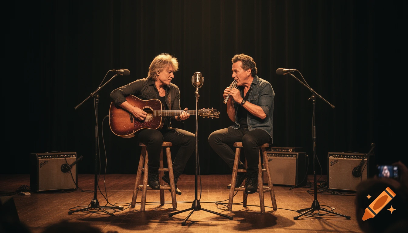 Two male musicians, one with an acoustic guitar and one with a harmonica, sit on stools on a dark stage under spotlights, performing.