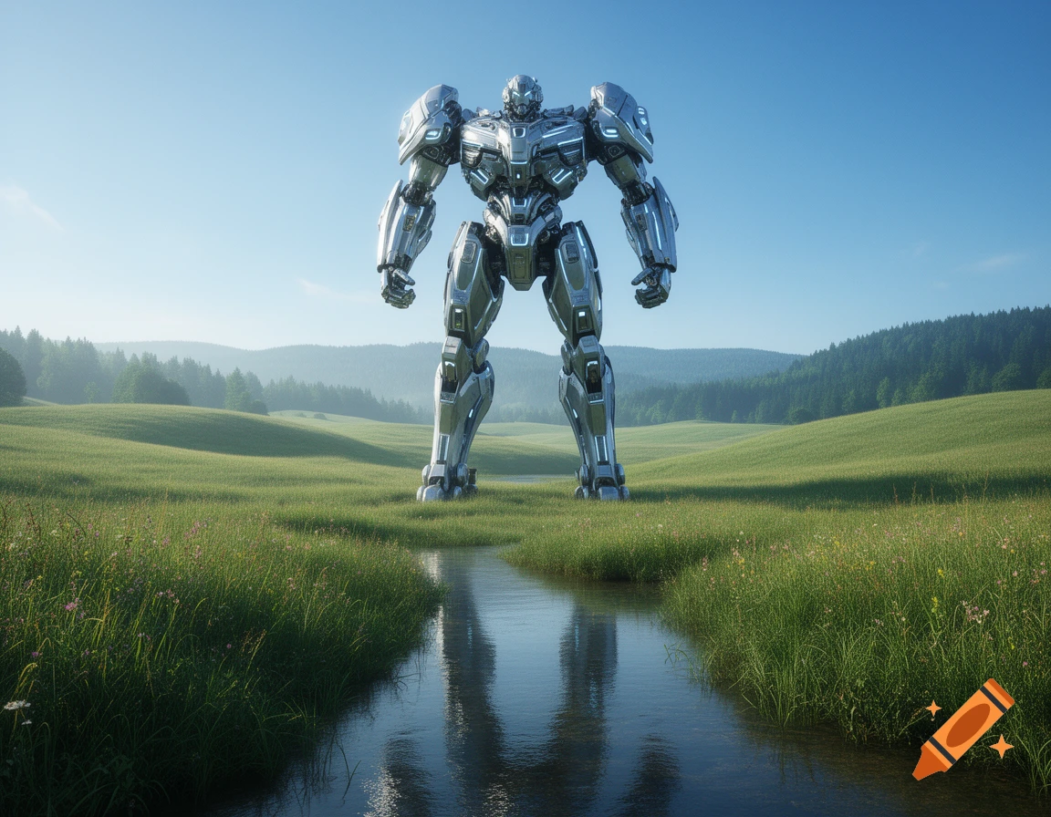 A towering silver mech warrior stands in a lush green field with a stream reflecting its image under a clear blue sky.