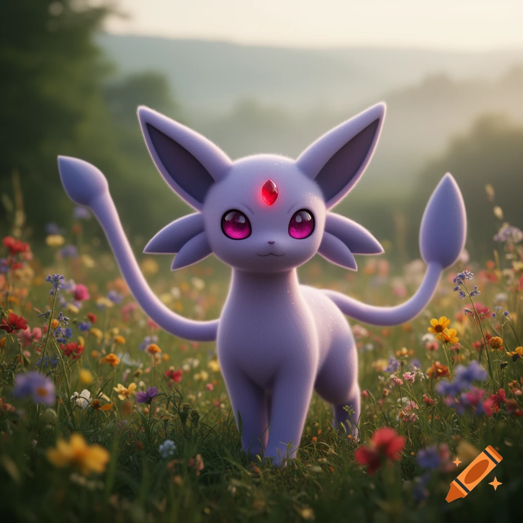 A cute purple Espeon with glowing pink eyes and a red gem on its forehead stands in a vibrant field of wildflowers.