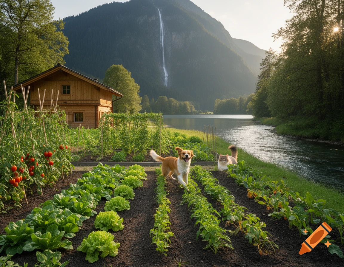 A photorealistic image of a vibrant vegetable garden in front of a wooden cabin, next to a river flowing into a lake. In the background, a majestic mountain features a waterfall. A dog runs in the garden, while a cat rests nearby.