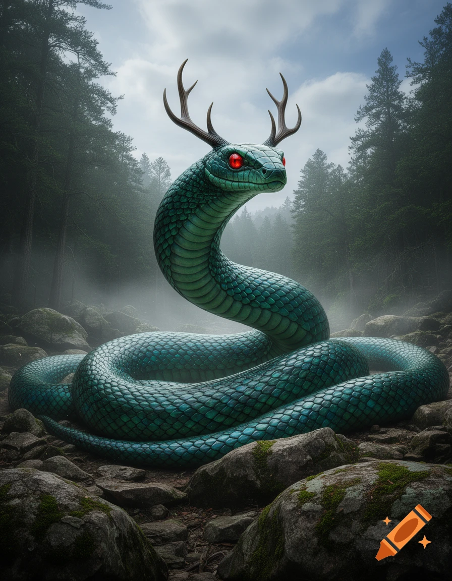 A large green snake with red eyes and deer antlers coils on mossy rocks in a misty, pine forest.