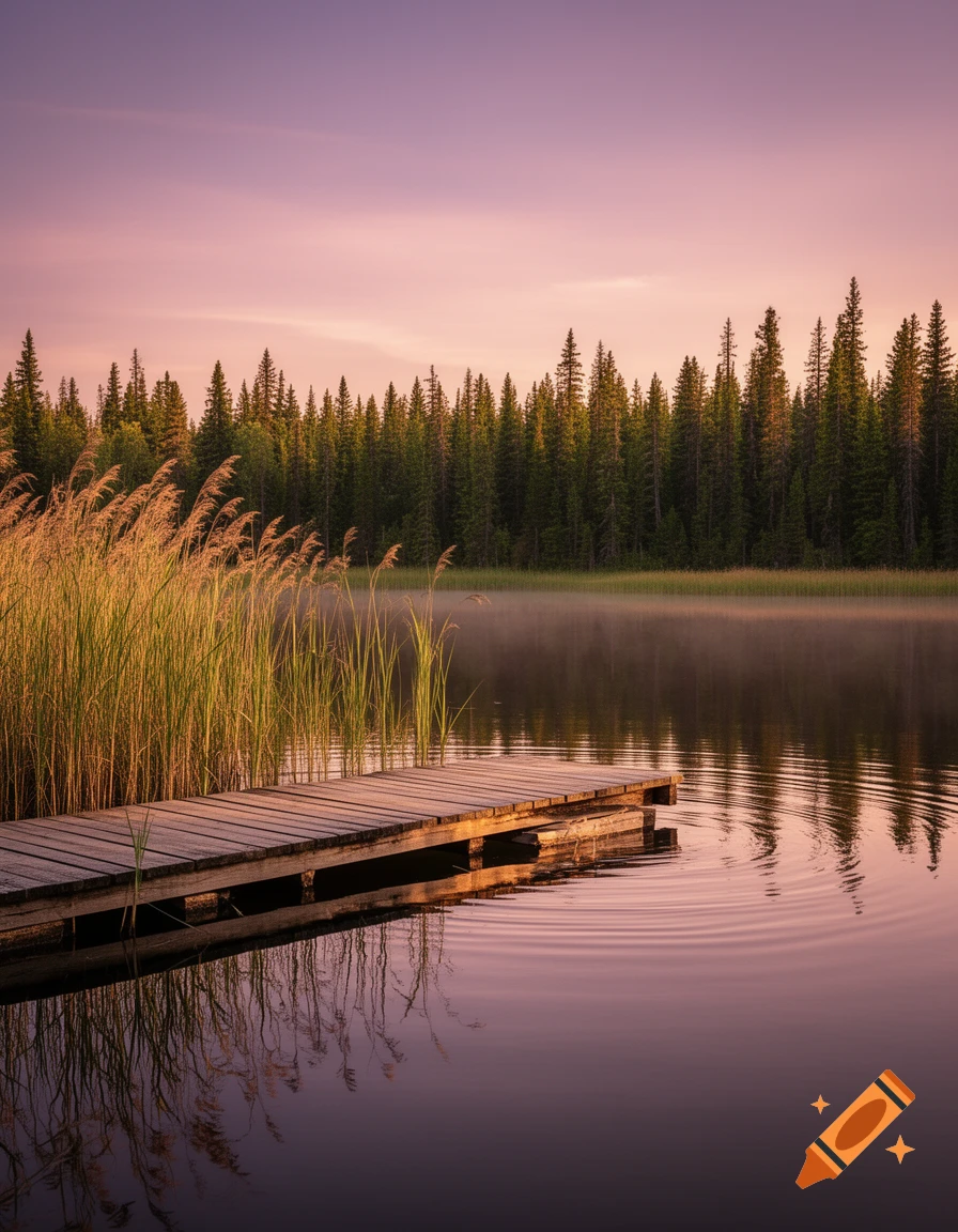 A serene wooden dock extends into a calm lake, surrounded by tall reeds and a dense forest under a soft pink and purple sky.