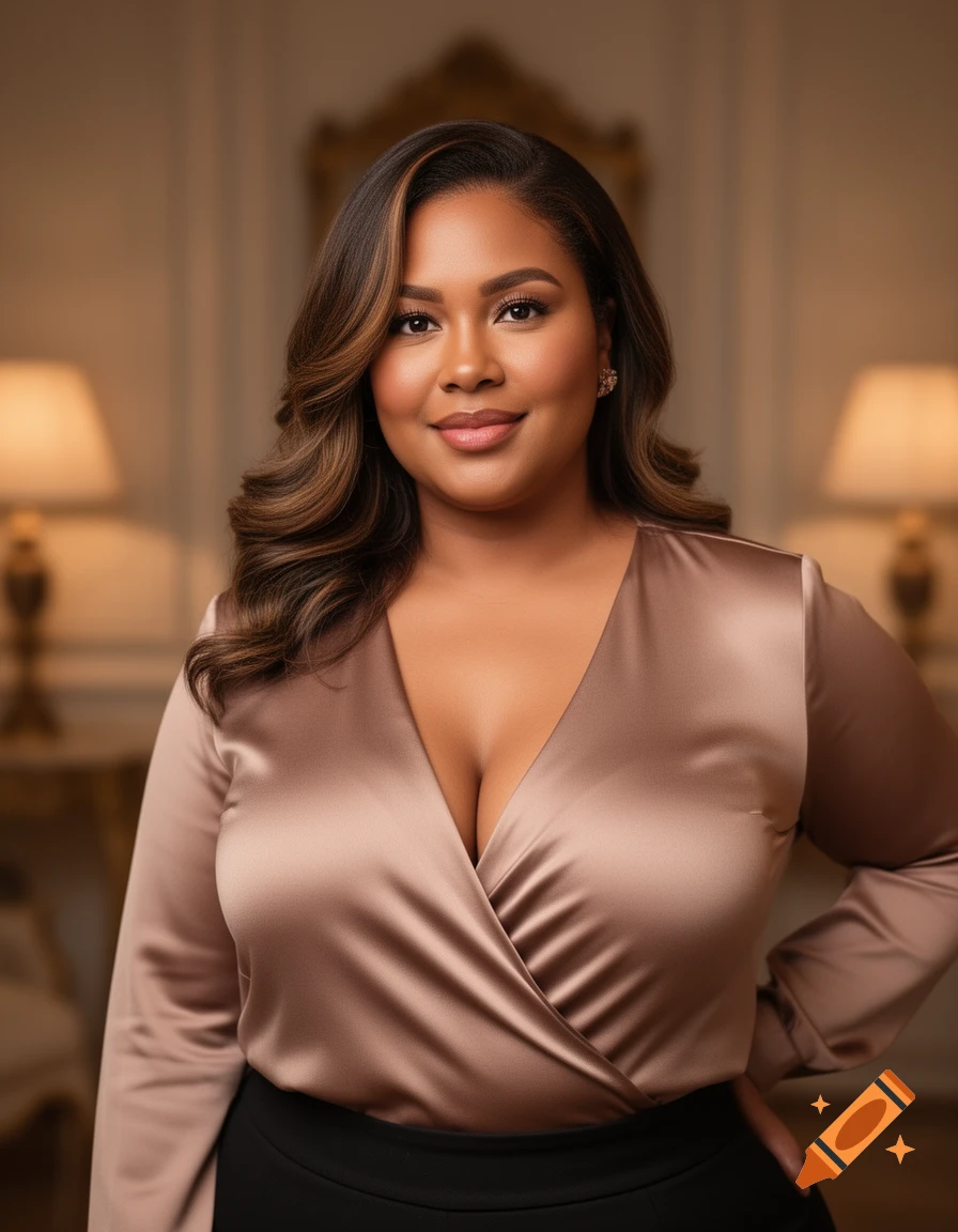 A smiling woman with dark hair and a deep V-neck satin top stands in an elegant room, looking at the viewer.