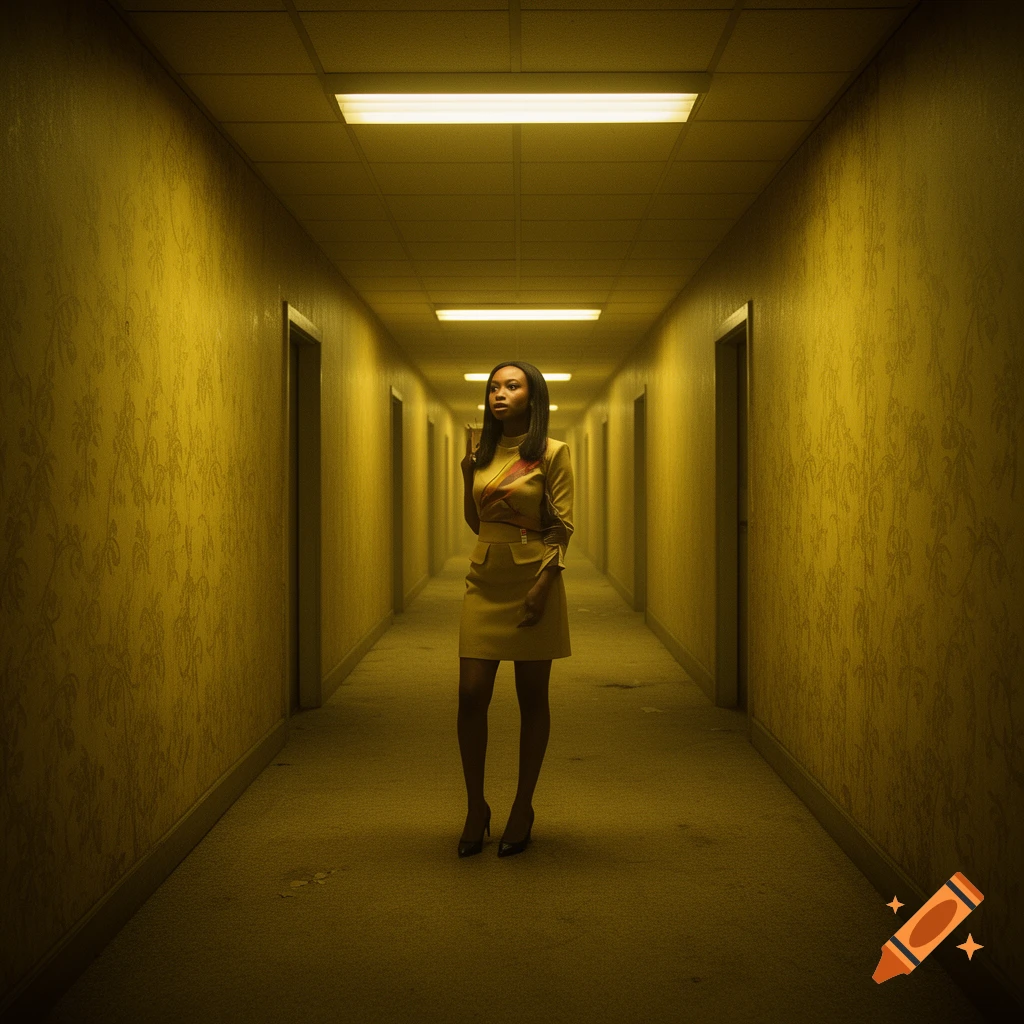 A young woman stands in a long, eerie, yellow hallway with fluorescent lights and many doors, looking upwards.