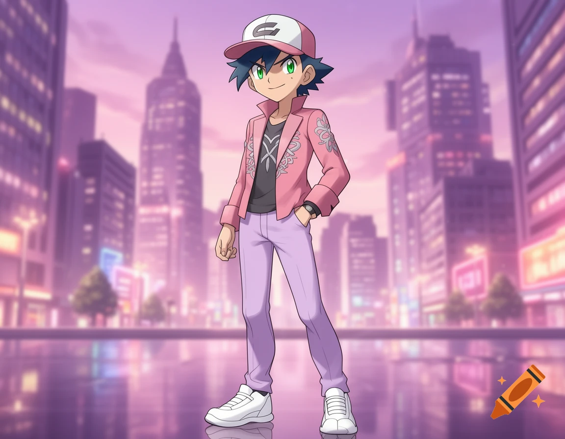Anime-style male character wearing a pink jacket, purple pants, and a baseball cap, standing in a stylized city at sunset.