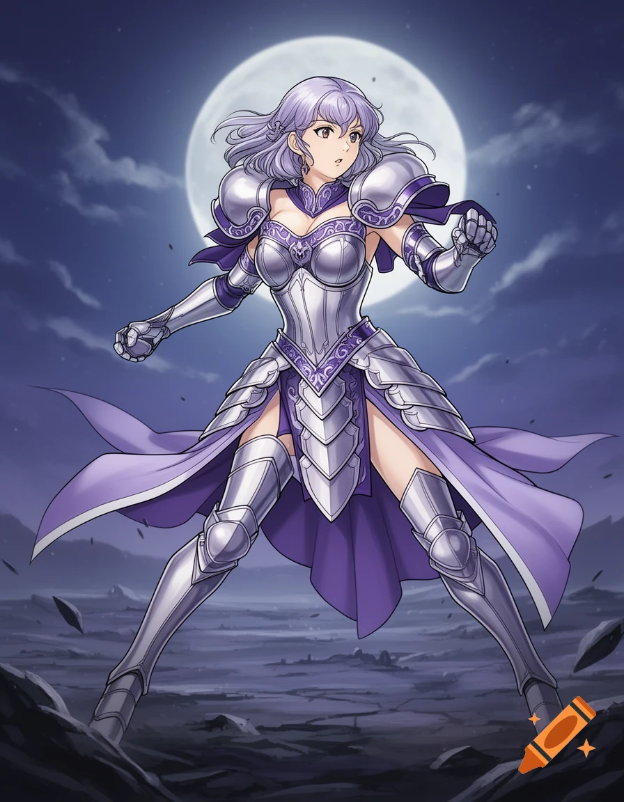 Anime female warrior with light purple hair in silver and purple armor, standing on rocky ground under a full moon.