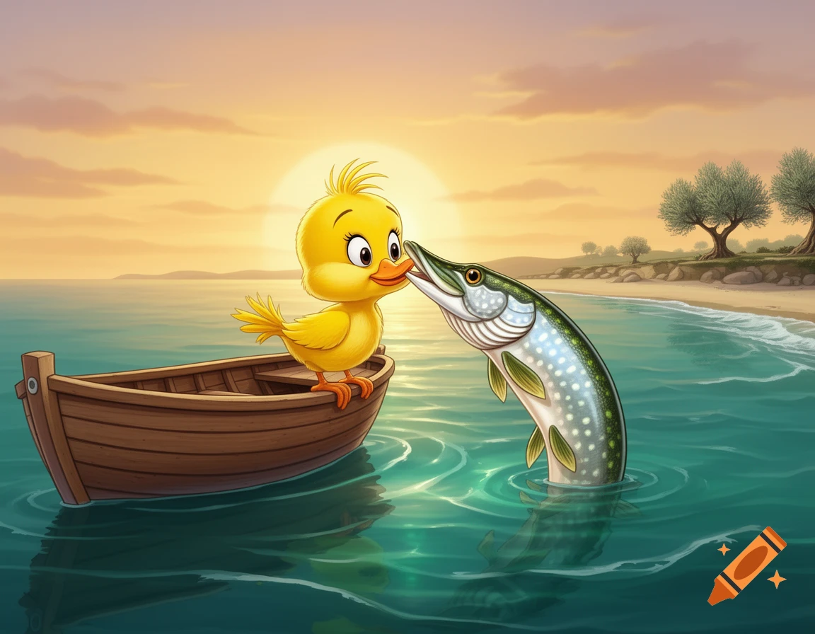 A cute yellow cartoon duckling in a wooden boat on the water, leaning to kiss a fish jumping from the ocean at sunset.
