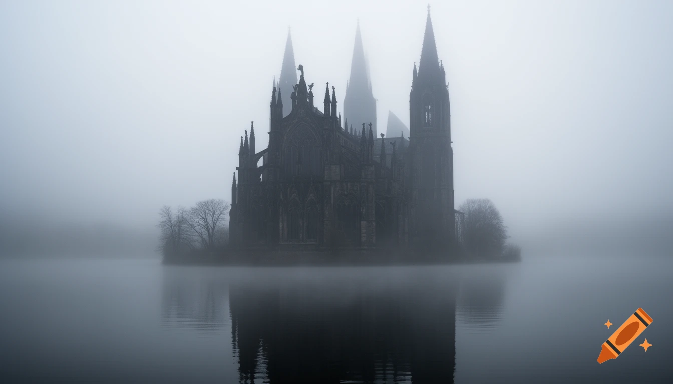 A dark, gothic cathedral shrouded in mist rises from a calm lake, its spires reflected in the water.