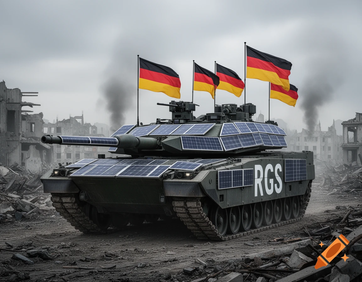 A modern tank covered in solar panels and flying German flags drives through the rubble of a destroyed city under a cloudy sky. The text "RGS" is visible on its side.