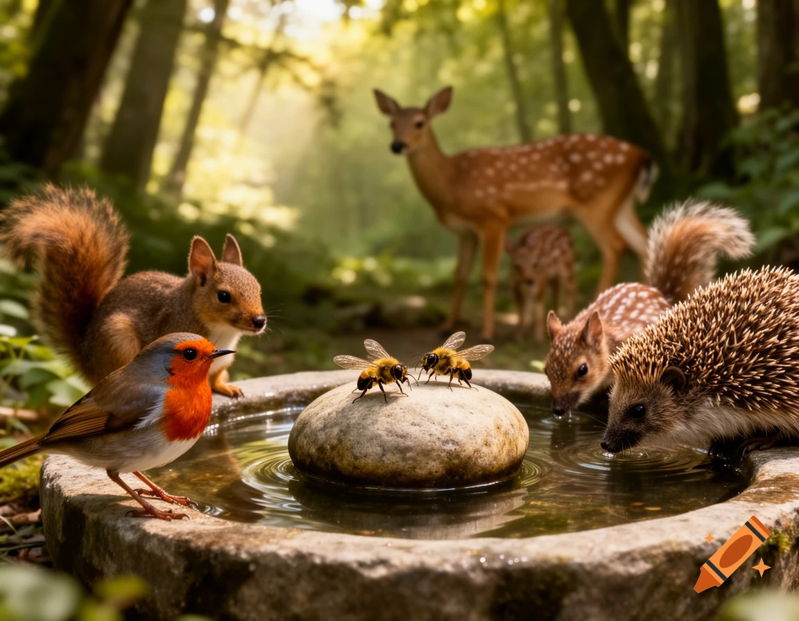 Photorealistic image of a squirrel, robin, hedgehog, fawn, deer, and bees gathered around a stone birdbath in a sunny forest.