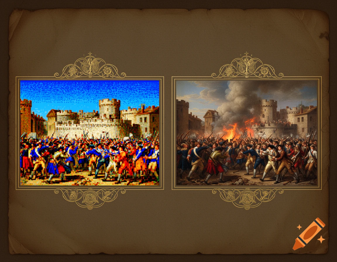 Two historical paintings, one pixelated and one detailed, depict the storming of the Bastille with crowds and fire.