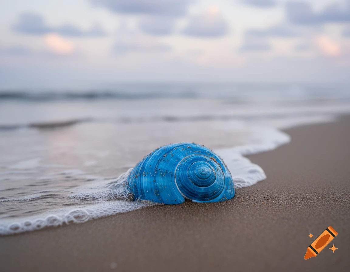 A vibrant blue seashell rests on a sandy beach, with gentle waves and a soft, cloudy sky in the background.