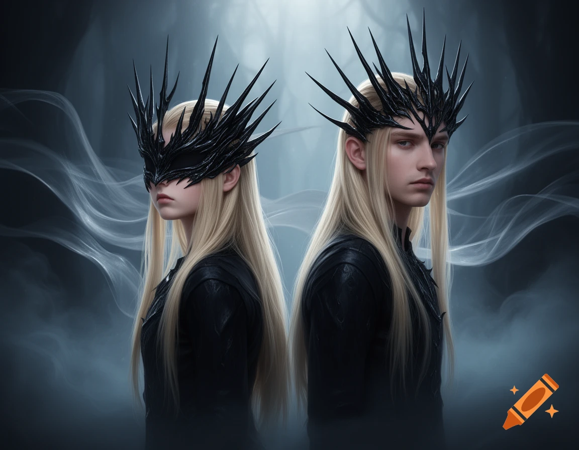 Two blonde figures, one masked, one unmasked, wearing spiky black crowns against a dark, smoky background in a dark fantasy style.