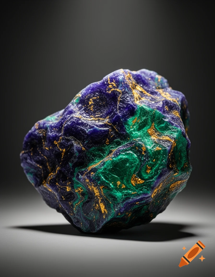 A richly textured mineral specimen in deep blue and emerald green with intricate golden veins, lit by a spotlight.