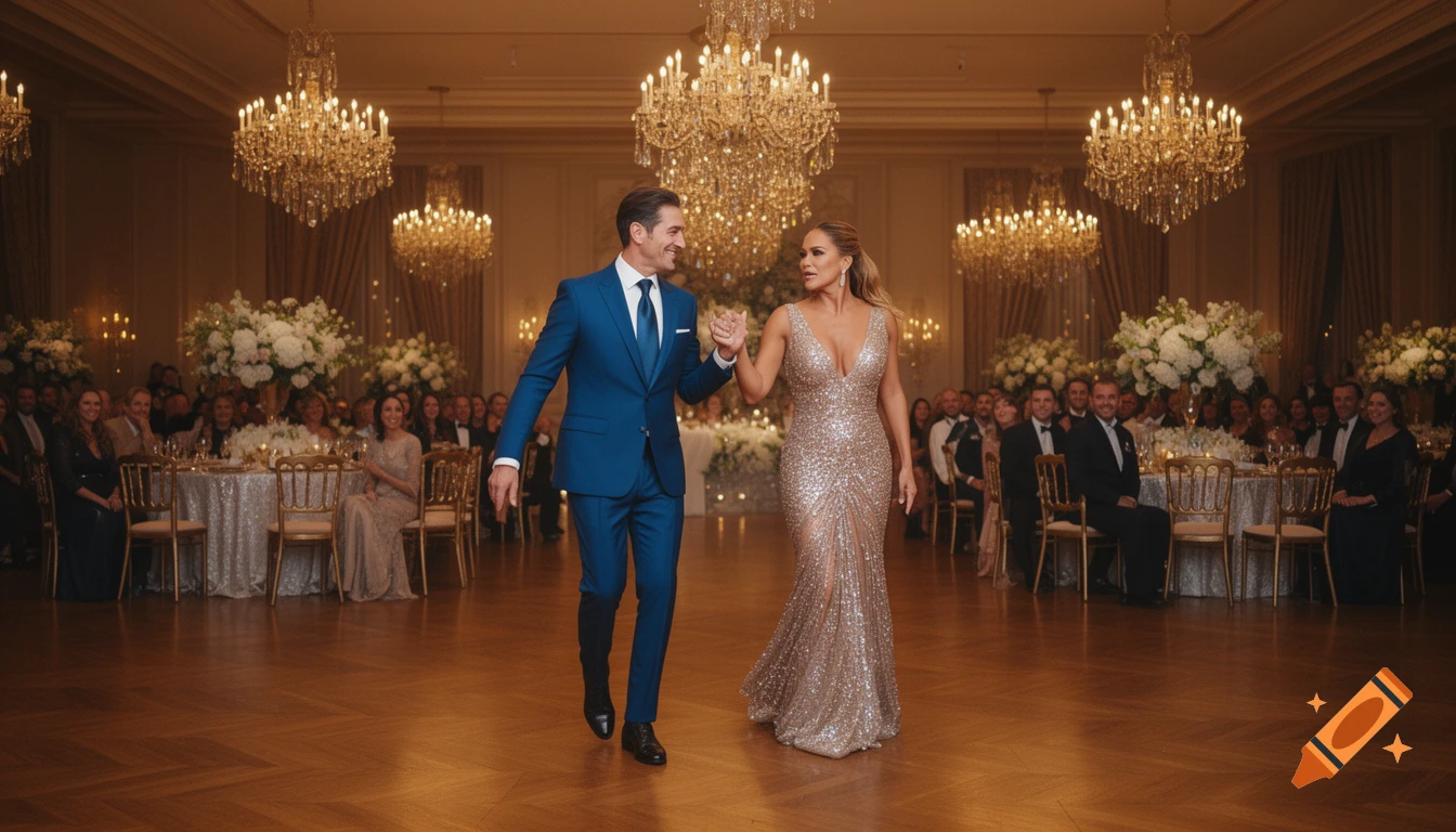 A couple, the man in a blue suit and the woman in a sparkling gown, dance in a luxurious ballroom filled with guests and chandeliers.