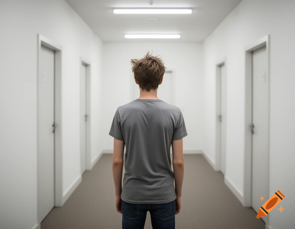 A young man, viewed from behind, stands in a brightly lit, sterile white hallway with multiple doors.