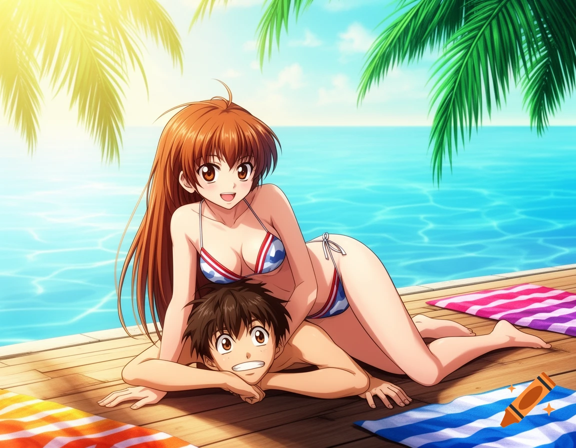 An anime girl in a bikini lies on an anime boy on a wooden dock by the clear blue ocean with palm trees.