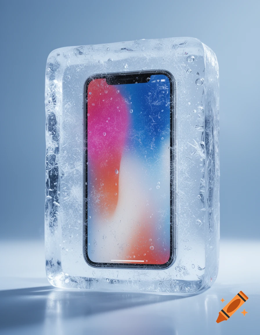Photorealistic image of a modern smartphone encased in a clear ice cube on a reflective surface.