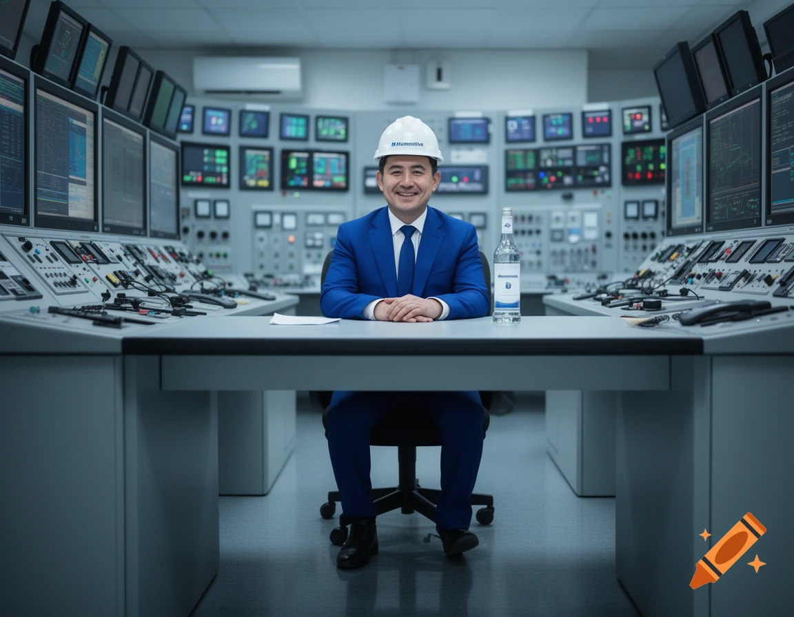 A smiling man in a blue suit and white hard hat sits at a desk in a high-tech control room with many screens, a vodka bottle is on the desk.