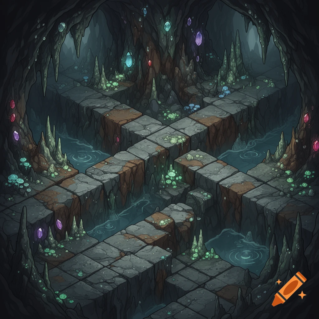 A dark, stylized isometric view of a cave with glowing crystals, stalagmites, and stone paths over water.