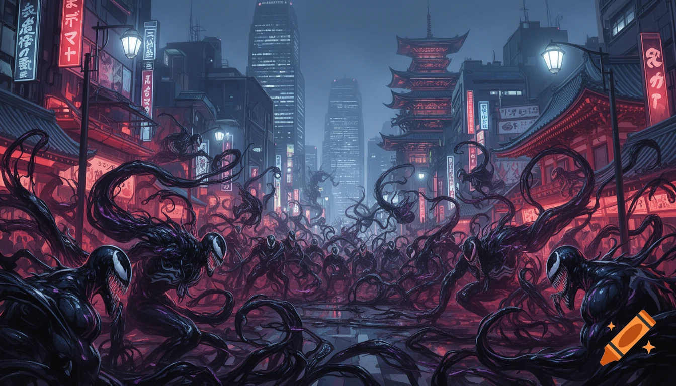 A dark urban Japanese street at night, overrun by a horde of black, tentacled symbiotes reminiscent of Venom, with neon signs glowing red and blue.