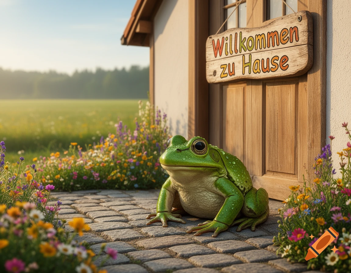 A large green frog sits on cobblestones in front of a small house with a 'Willkommen zu Hause' sign, wildflowers blooming around. Photorealistic.